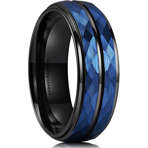  Women Mens 8mm Blue Hammered Tungsten Carbide Rings Black Two Tone Wedding Bands carbon fiber Groove Step Edge