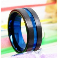 Women's Men's Tungsten carbide Matching Rings Couple Wedding Bands Carbon Fiber Black Matte Finish with Blue Line 