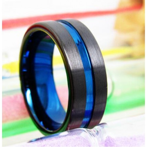 Women's Men's Tungsten carbide Matching Rings Couple Wedding Bands Carbon Fiber Black Matte Finish with Blue Line 