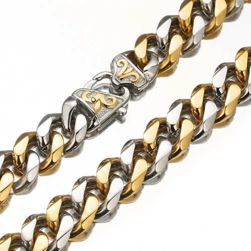 Sliver/Gold Plated Titanium Stainless Steel 15mm Curb Bracelet Necklace Diamond Chains Cuban Link Chain Set For Men