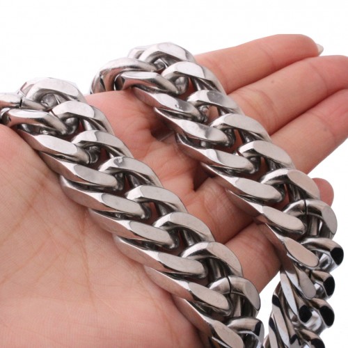 Sliver Miami Cuban Link Chain Set For Men Plated Titanium Stainless Steel 15mm Curb Bracelet Necklace Diamond Chains