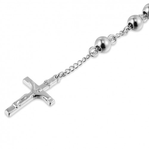 Sliver Titanium Stainless Steel Beads Rosary Necklace Crucifix Jesus Cross Medal Religious Prayer Necklaces 4mm/6mm/8mm/10mm
