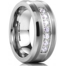 Women Mens Tungsten Carbide Rings 8mm White Wedding Bands Polished Beveled Edge CZ Stone Channel Carbon Fiber