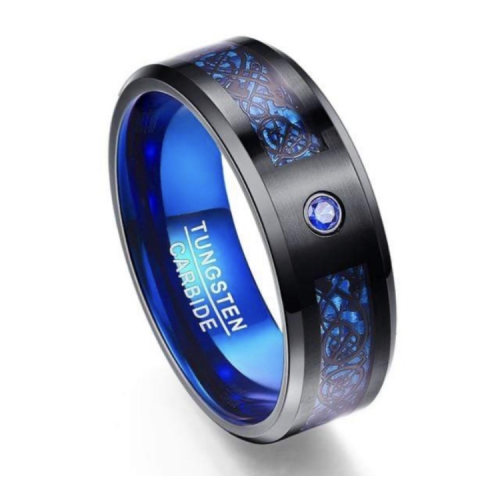 Mens Womens Black + blue Tungsten Carbide Rings with black dragon pattern + blue Carbon Fiber Couples Wedding Bands