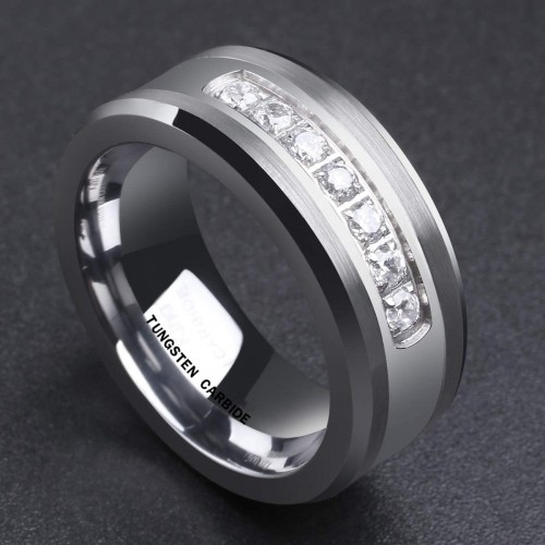 Women Mens Tungsten Carbide Rings 8mm White Wedding Bands Polished Beveled Edge CZ Stone Channel Carbon Fiber