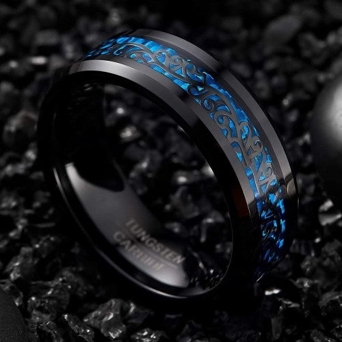 Blue Carbon Fiber Tungsten Carbide Wedding Rings with Black Vine Inlay For Wedding Bands Women Mens