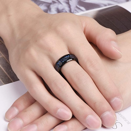 Blue Carbon Fiber Tungsten Carbide Wedding Rings with Black Vine Inlay For Wedding Bands Women Mens