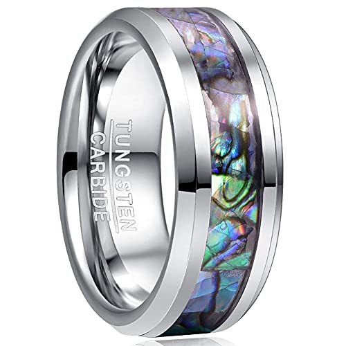 Silver Multicolor White Natural Abalone Shell Mother of Pearl Inlay Tungsten Wedding Bands Rings For Men ​Women Beveled Edge