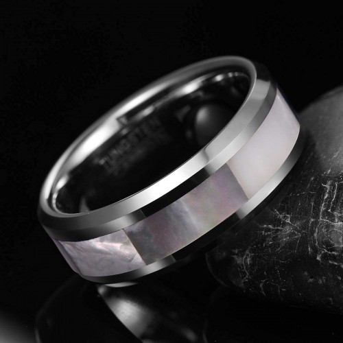 Silver Multicolor White Natural Abalone Shell Mother of Pearl Inlay Tungsten Wedding Bands Rings For Men ​Women Beveled Edge