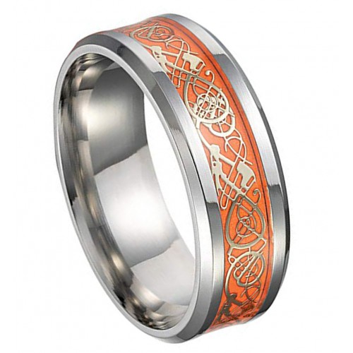 Tungsten Wedding Bands Orange Resin Inlay Gold Celtic Dragon Knot Orange - Glowing Rings For Women or Men