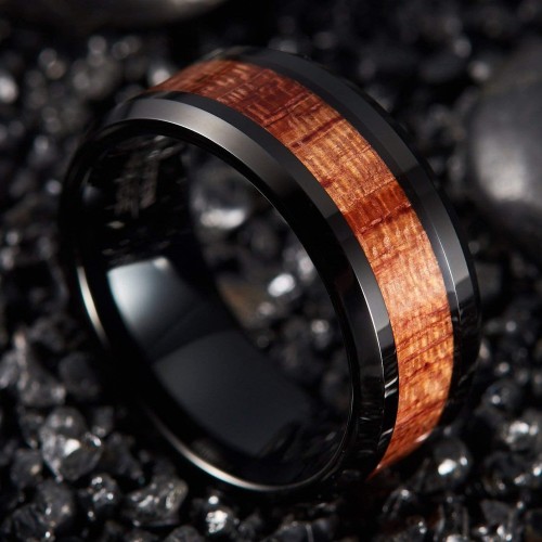 Tungsten Black Blue Tone With Dark Koa Wood Inlay.High Polish Tungsten Rings Beveled Edges For Wedding Bands Women Mens