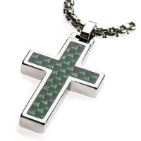 Women's Or Men's Unique Tungsten Cross Pendant. Surgical Stainless Steel Box Chain. Tungsten Black & Green Carbon Fiber Inlay