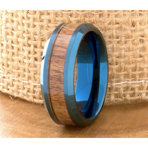 Tungsten Black Blue Tone With Dark Koa Wood Inlay.High Polish Tungsten Rings Beveled Edges For Wedding Bands Women Mens
