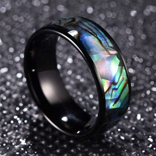 Tungsten Domed Silver Black Gold Band and Multi Color Rainbow Abalone Shell Inlay Tungsten Carbide Wedding Bands Rings Women Mens