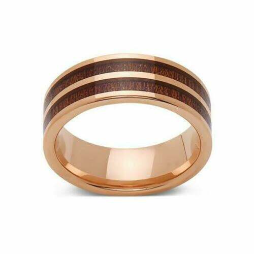 Tungsten Double Wood Inlay and Gold Tone Wedding Bands,Pipe Cut Tungsten With High Polish Dark Wood Inlay Rings For Men Women