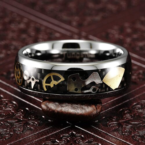 Tungsten Silver Gold With Vintage Mechanical Gears Silver and Gold Over Black Carbon Fiber Wedding Bands Rings For Men Women