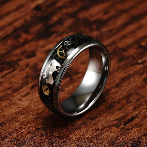 Tungsten Silver Gold With Vintage Mechanical Gears Silver and Gold Over Black Carbon Fiber Wedding Bands Rings For Men Women