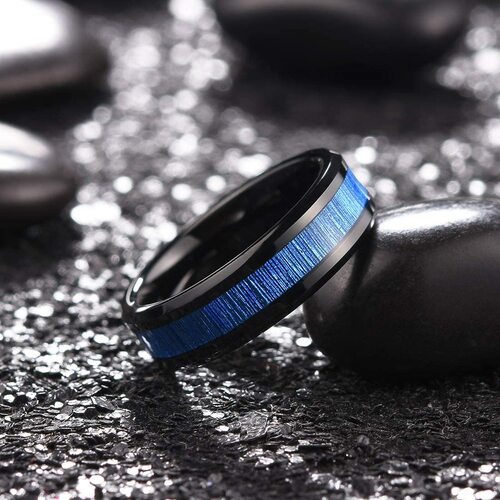 Women Mens Tungsten Matching Black Gold Band With Blue Gold Wood Inlay,High Polish Domed Top Carbide Wedding Bands Rings