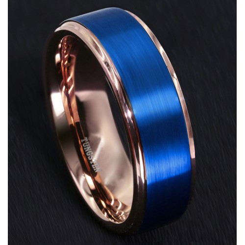 Women Mens Tungsten Rose Gold Ring with Blue Matte Finish Top Wedding Bands Rings