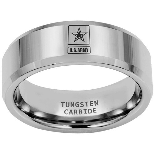 Women or Men's U.S. Army Tungsten Military Wedding Bands. Domed Gold with Laser Etched United States Army Logo Wedding Rings