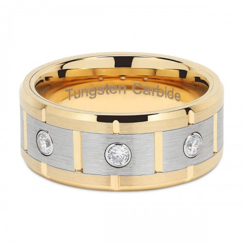 Mens Women Engagement Tungsten carbide Matching Rings 14k Gold & Silver Center Brushed CZ Inlaid Grooved Wedding Bands