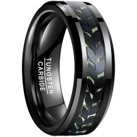 Mens Womens Unisex Leaves and Carbon Fiber Inlay Black and Green Tungsten Matching Carbide Rings Wedding Bands