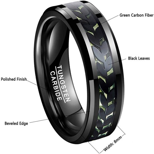Mens Womens Unisex Leaves and Carbon Fiber Inlay Black and Green Tungsten Matching Carbide Rings Wedding Bands