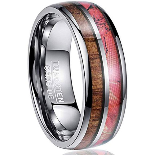 Mens Womens Hawaiian Koa Wood Tungsten Matching Carbide Rings Pink Camouflage Couple Wedding Band Carbon Fiber