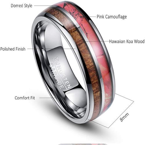 Mens Womens Hawaiian Koa Wood Tungsten Matching Carbide Rings Pink Camouflage Couple Wedding Band Carbon Fiber