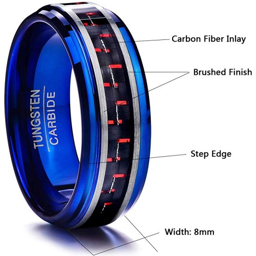 Mens Women Black and Red Carbon Fiber Tungsten Carbide Rings Blue Plated Couple Wedding Bands Comfort fits