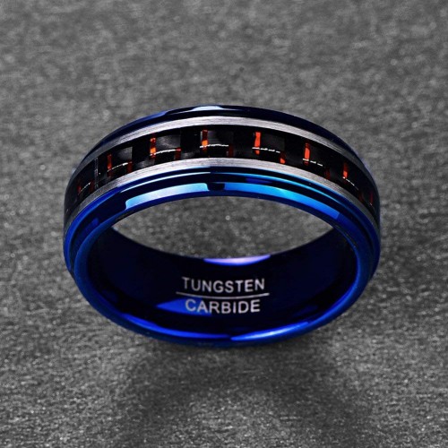 Mens Women Black and Red Carbon Fiber Tungsten Carbide Rings Blue Plated Couple Wedding Bands Comfort fits