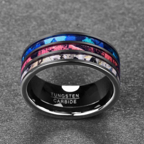 Tungsten carbide Matching Rings Flat Edges Mens Women Tricolor Camouflage Inlay Couple Wedding Bands Carbon Fiber Comfort fit