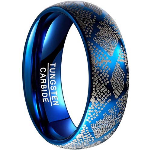 Mens Womens Blue Dome Style Tungsten Carbide Rings with Laser Snake Grain Couple Wedding Bands Comfort Fit