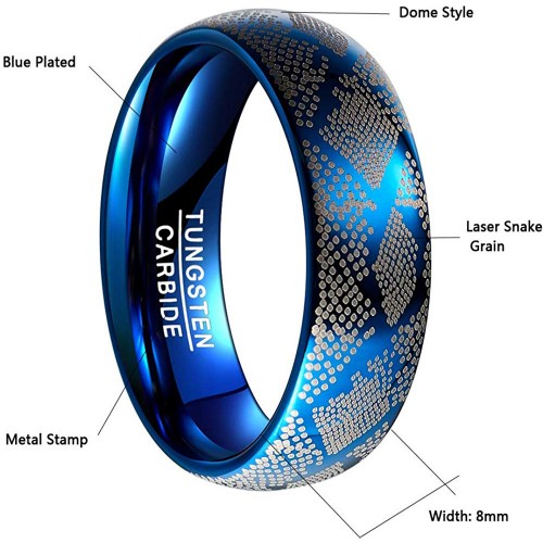 Mens Womens Blue Dome Style Tungsten Carbide Rings with Laser Snake Grain Couple Wedding Bands Comfort Fit