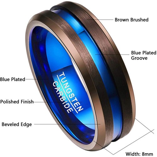 Mens Women Brown Brushed Tungsten Carbide Rings Matching with Blue Plated Groove Carbon Fiber Couples Wedding Bands