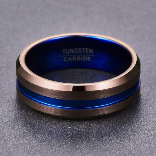 Mens Women Brown Brushed Tungsten Carbide Rings Matching with Blue Plated Groove Carbon Fiber Couples Wedding Bands