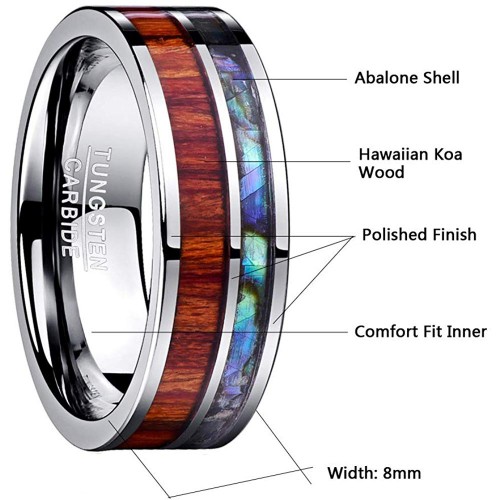 Mens Women Wood and Shell Inlay Tungsten Carbide Matching Rings Couple Wedding Bands Carbon Fiber Flat Edge