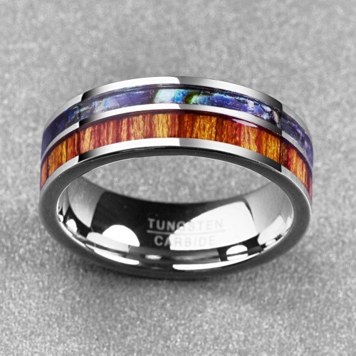 Mens Women Wood and Shell Inlay Tungsten Carbide Matching Rings Couple Wedding Bands Carbon Fiber Flat Edge