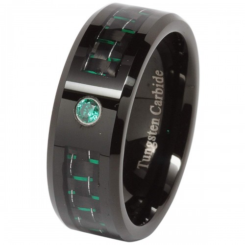 Mens Womens Tungsten Matching Rings Green Cz Carbon Fiber Inlay Carbon Fiber Couples Wedding Bands Comfort fits