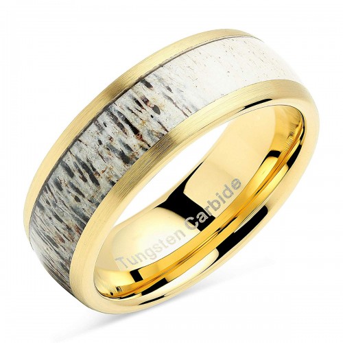 Mens Womens Tungsten Matching Ring for Couple Gold Wedding Bands Carbon Fiber Antler Inlaid Dome Edge Matte