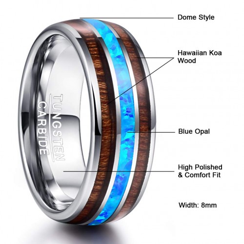 4MM 6MM 8MM 10MM Men Women Hawaiian Koa Wood and Blue Opal Inlay Tungsten Carbide Ring Mens Womens Domed Wedding Band Comfort 