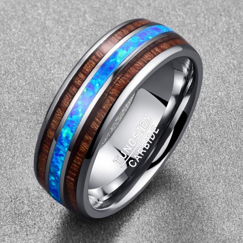 4MM 6MM 8MM 10MM Men Women Hawaiian Koa Wood and Blue Opal Inlay Tungsten Carbide Ring Mens Womens Domed Wedding Band Comfort 