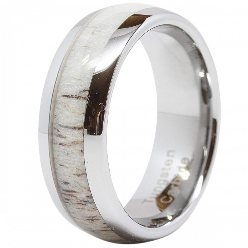 Mens Women Tungsten Carbide Matching Ring for Couple Wedding Band Carbon Fiber Deer Antler Inlaid Dome Shape