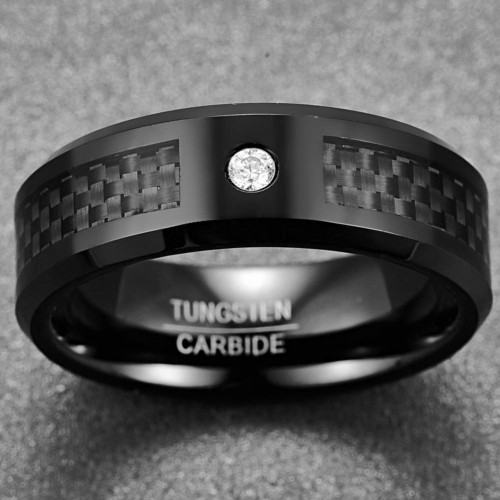 Mens Womens Black Tungsten carbide Ring Couple Wedding Bands Carbon Fiber Comfort Fit with CZ Inlay