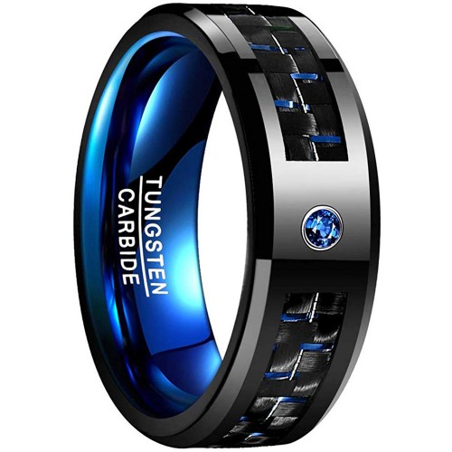Mens Womens Blue/Black Tungsten Matching Carbide Rings with CZ Inlay  Carbon Fiber Couple Wedding Bands 