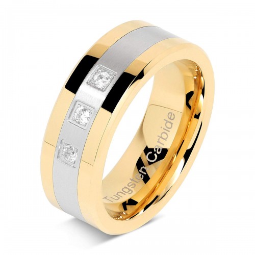 Mens Women Tungsten Carbide Rings Couple Gold Silver Crystal Wedding Bands Carbon Fiber Two Tone 3 CZ Stone