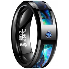 Men Or Women Abalone Shell and Blue Cubic Zirconia Inlay Tungsten carbide Matching Rings Black Couple Wedding Bands Carbon Fiber
