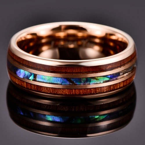 Mens Women Tungsten Engraved Custom Hawaiian Koa Wood and Rose Gold+Abalone Shell Imitated Opal Inlay Ring Tungsten Carbide Ri