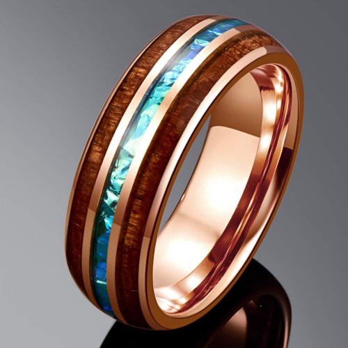 Tungsten carbide Rings Men Women 4MM 6MM 8MM 10MM Hawaiian Koa Wood and Rose Gold+Abalone Shell Imitated Opal Inlay