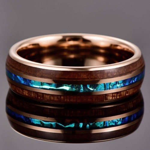 Tungsten carbide Rings Men Women 4MM 6MM 8MM 10MM Hawaiian Koa Wood and Rose Gold+Abalone Shell Imitated Opal Inlay